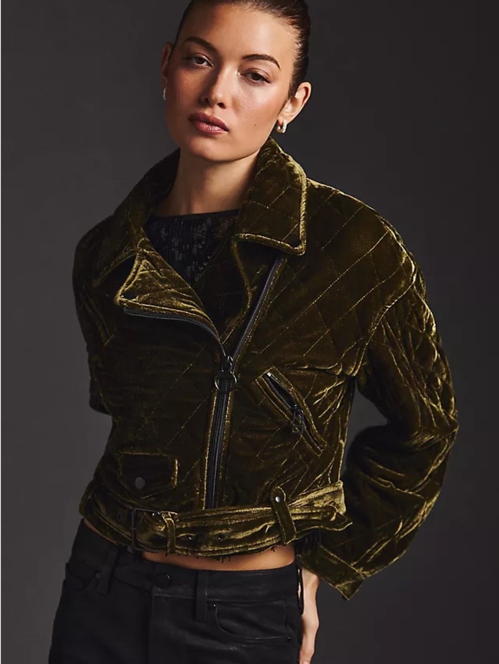 7 for all Mankind velvet bomber jacket L green quilted